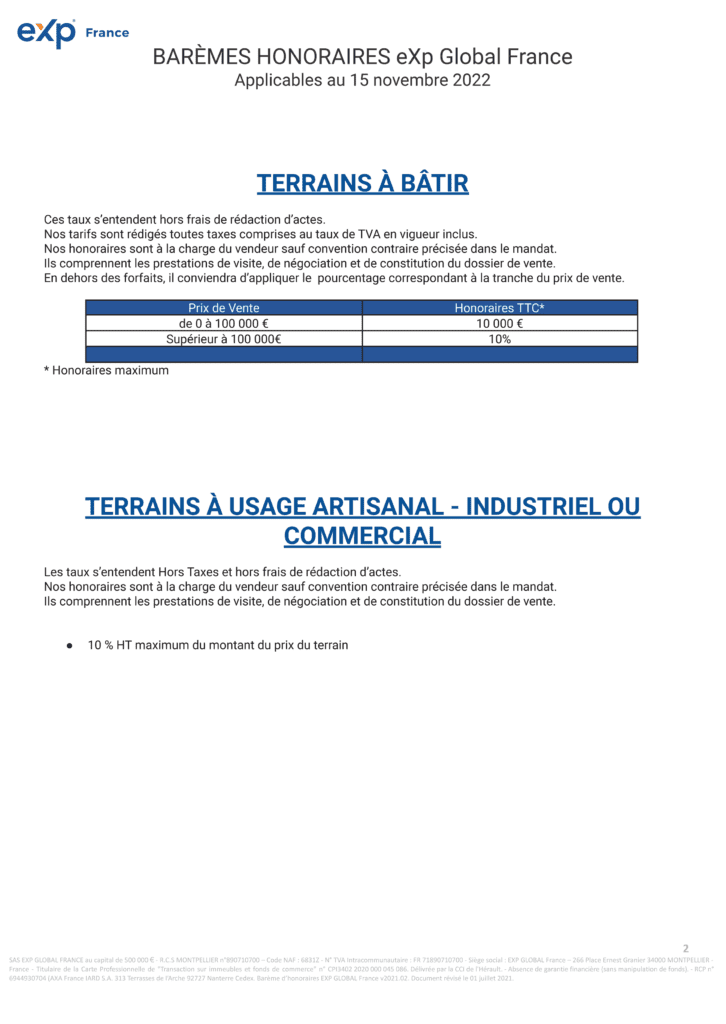 Barème des honoraires immobiliers BSD Immo – terrains à bâtir et terrains professionnels