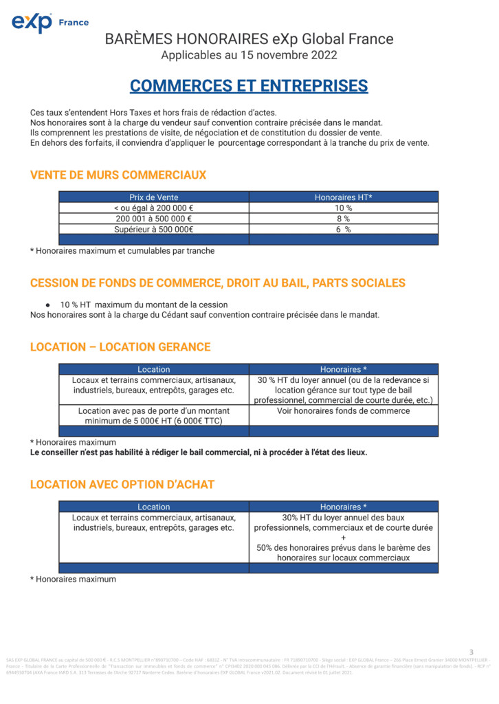 Barème des honoraires immobiliers BSD Immo – commerces et entreprises