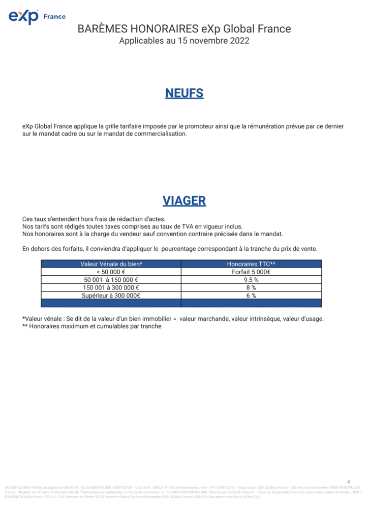 Barème des honoraires immobiliers BSD Immo – immobilier neuf et viagers