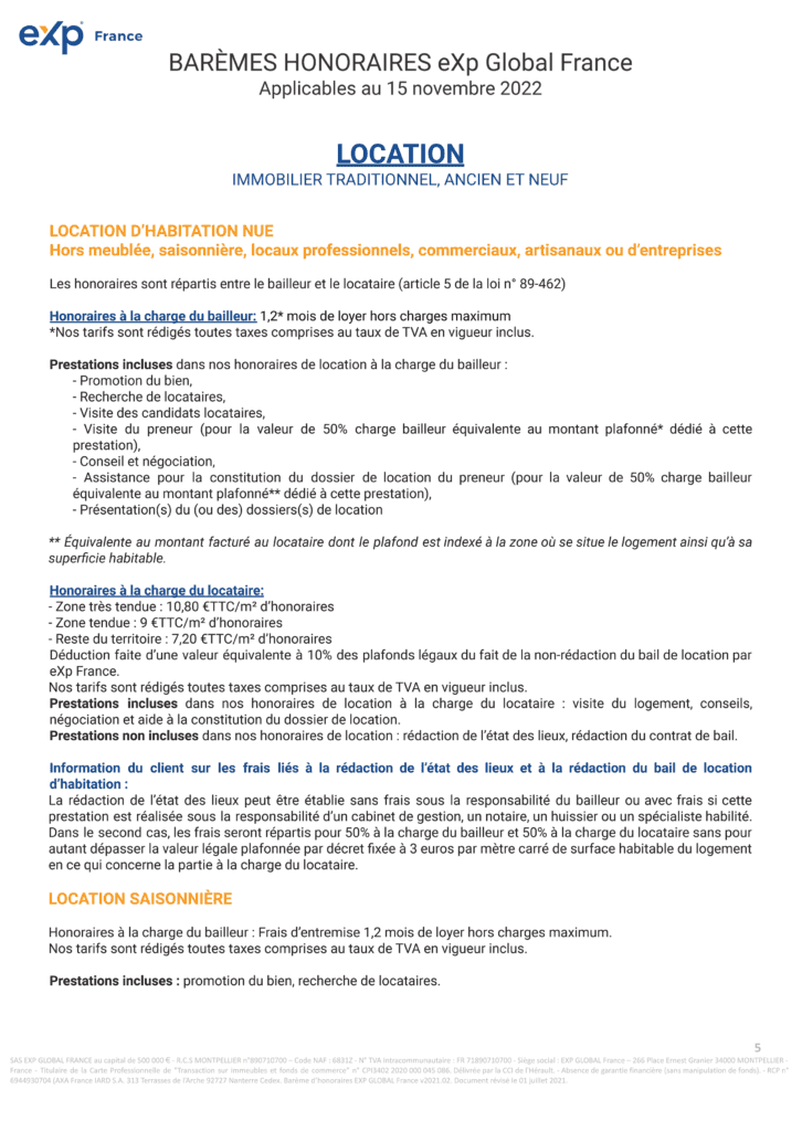Grille des honoraires de location immobilière BSD Immo – locations nues