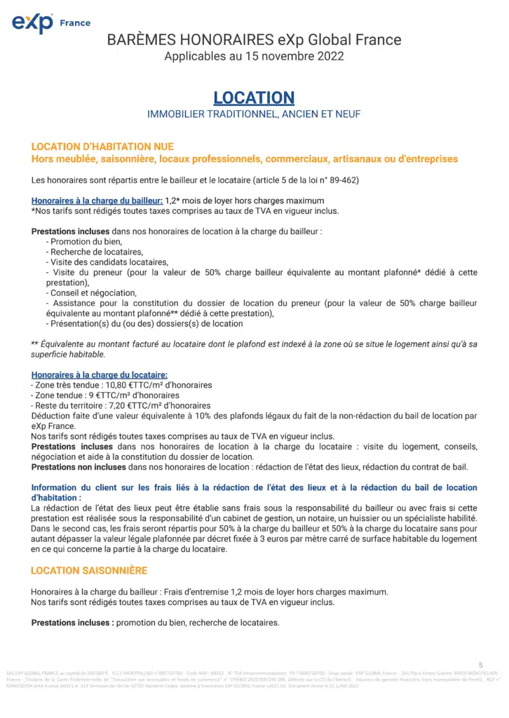 Baremes honoraires BSD Immo