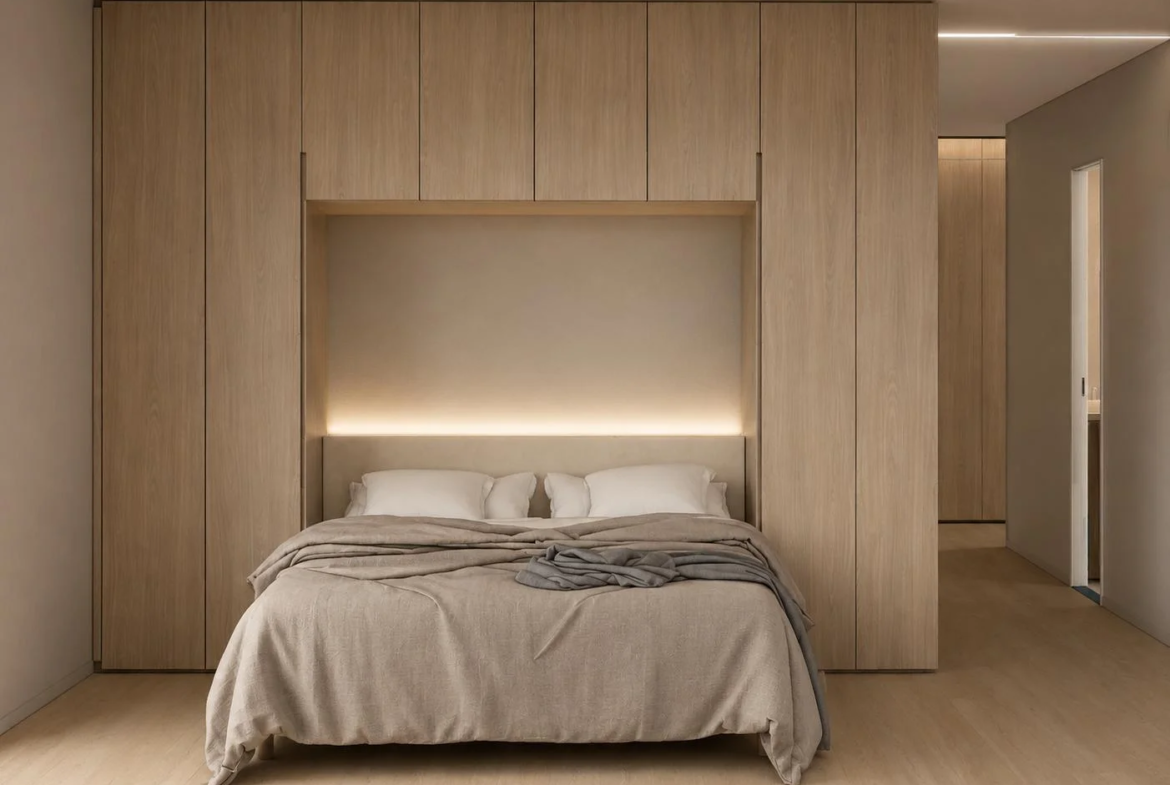 Chambre principale avec dressing intégré dans un appartement T4 rénové à Annecy-le-Vieux