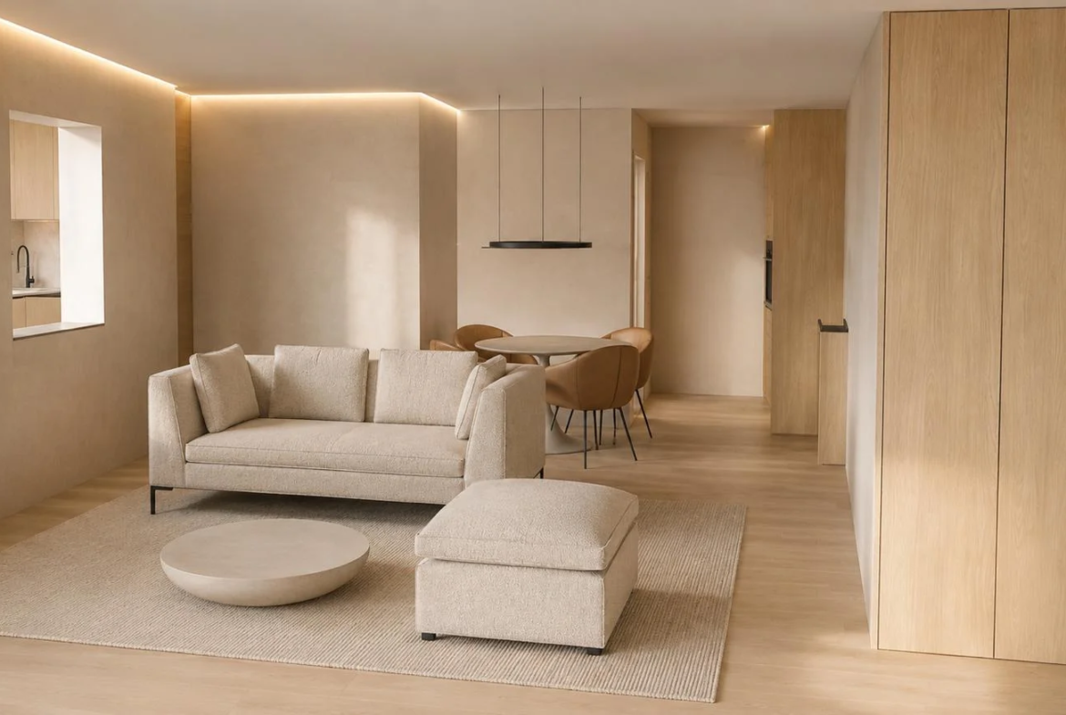Pièce de vie rénovée avec salon et salle à manger dans un appartement T4 à Annecy-le-Vieux