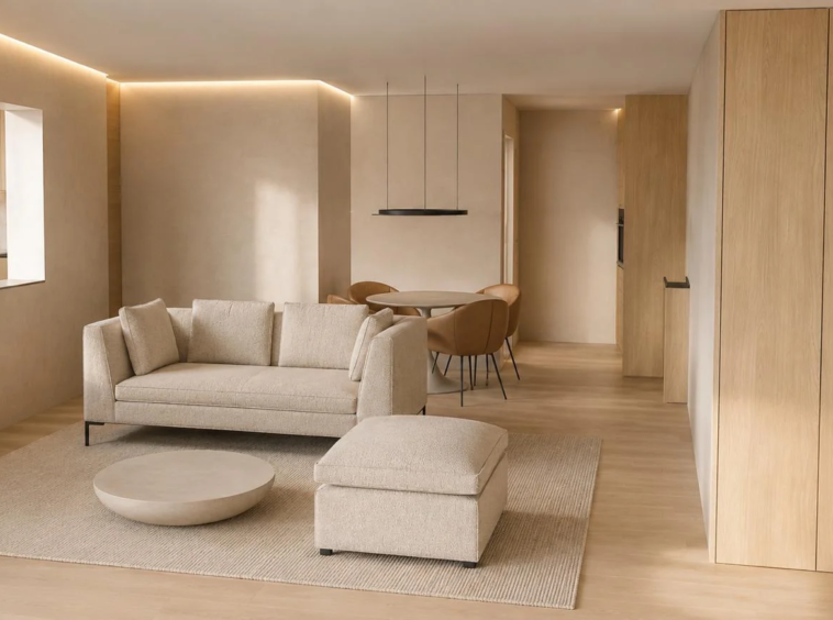 Pièce de vie rénovée avec salon et salle à manger dans un appartement T4 à Annecy-le-Vieux