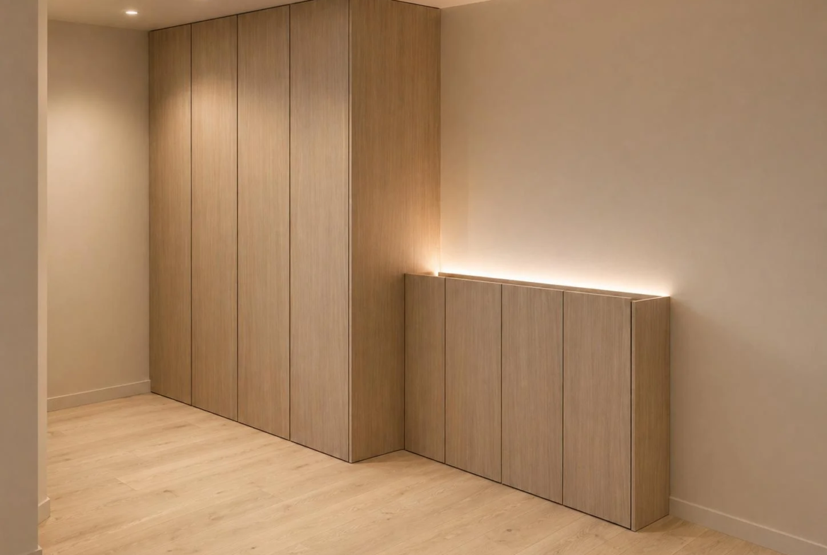 Rangements sur mesure en bois clair dans un appartement T4 rénové à Annecy-le-Vieux