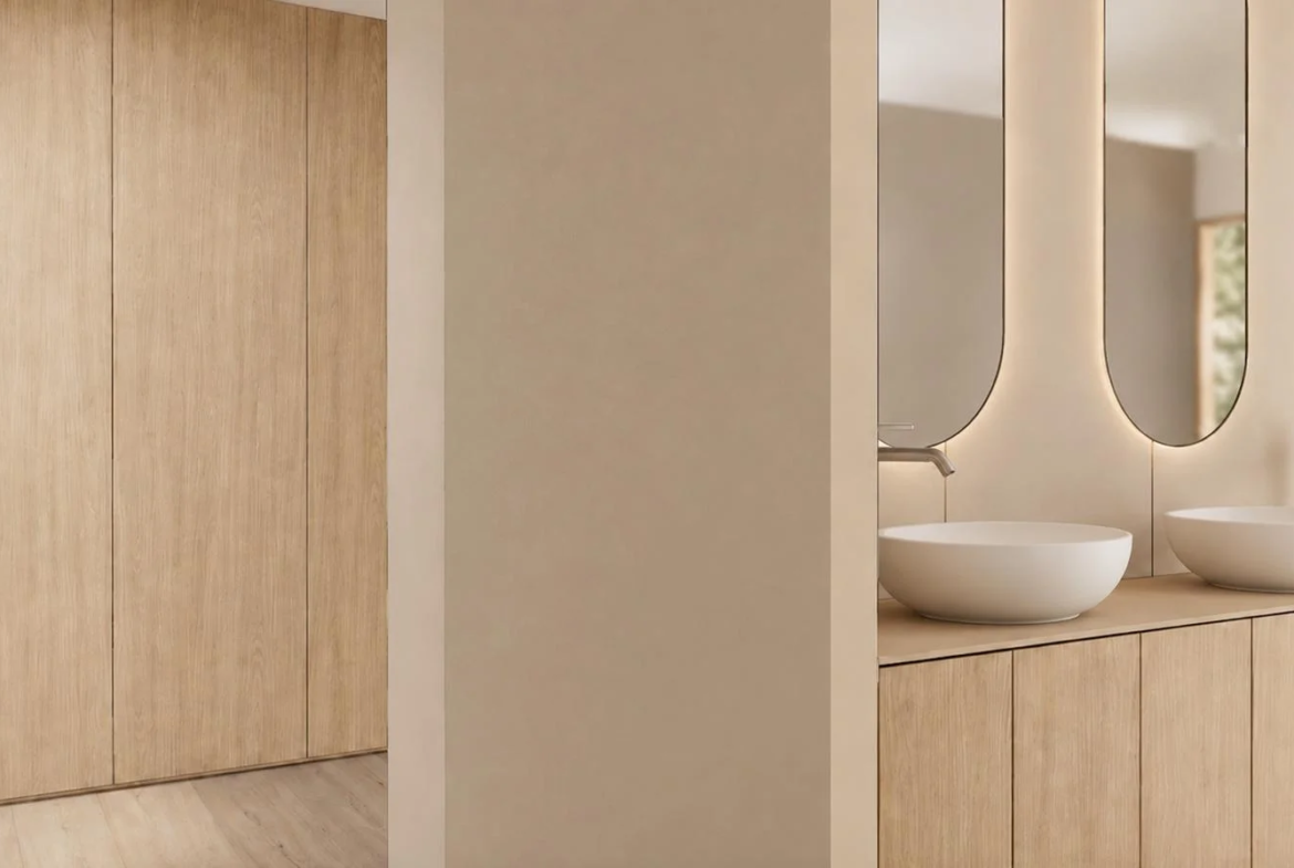 Salle d’eau avec double vasque et mobilier bois dans un appartement T4 rénové à Annecy-le-Vieux