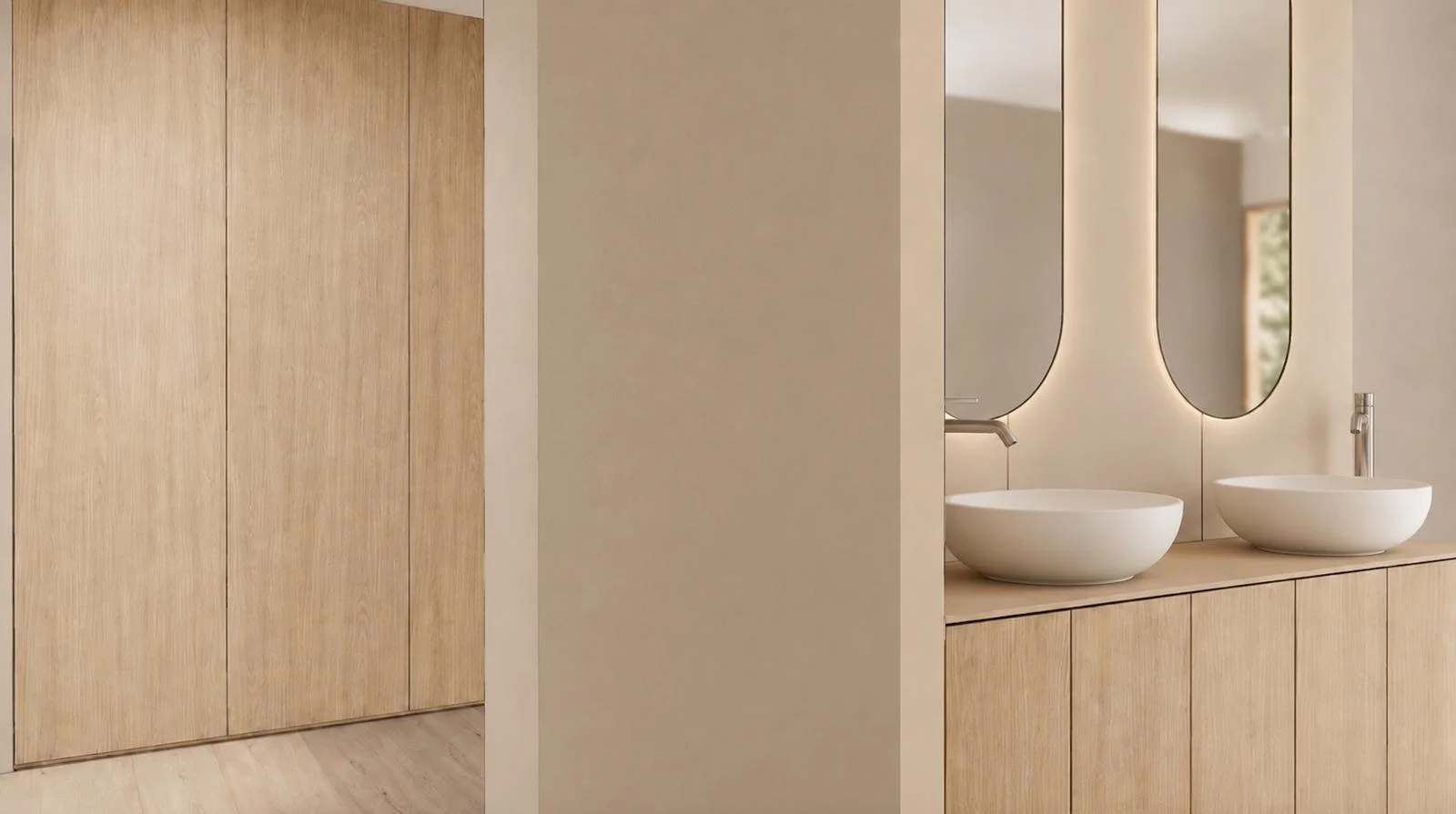 Salle d’eau avec double vasque et mobilier bois dans un appartement T4 rénové à Annecy-le-Vieux